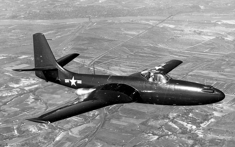 A McDonnell FH-1 Phantom in flight in 1948. This aircraft (BuNo 111793) is now on display at the National Museum of Naval Aviation in Pensacola, Florida. (US Navy)